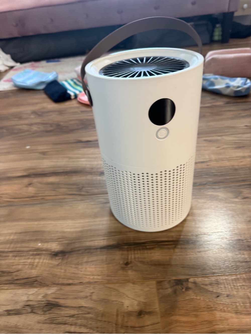 Portable White Air Purifier with Brown Carry Handle